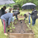 a group of people standing next to an umbrella