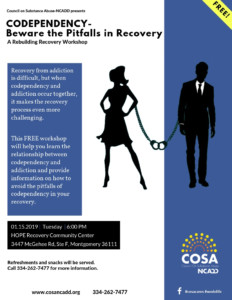 Flyer for codependency workshop with two silhouettes handcuffed together